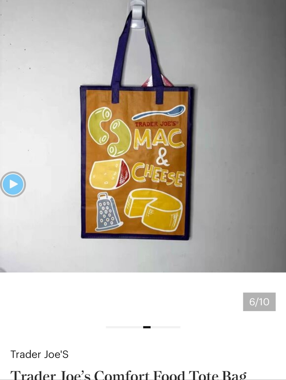 NWT- Trader Joe's. Plastic Orange Mac & Cheese Reusable Tote Bag - Picture 3 of 7